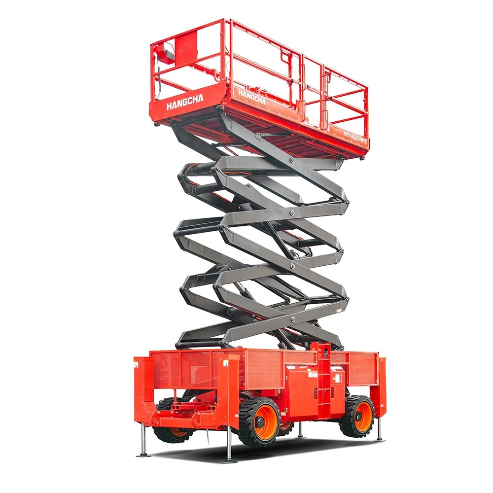 Hangcha HS Series rough terrain scissor lift with platform raised and stabilisers down