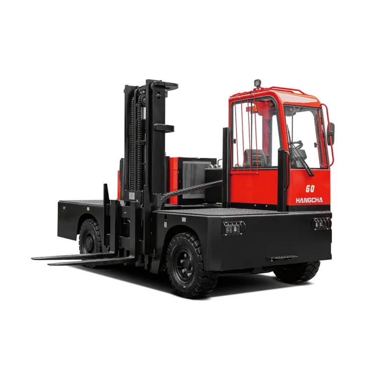 Hangcha 6 tonne IC side loader forklift with enclosed cab, front three-quarter view