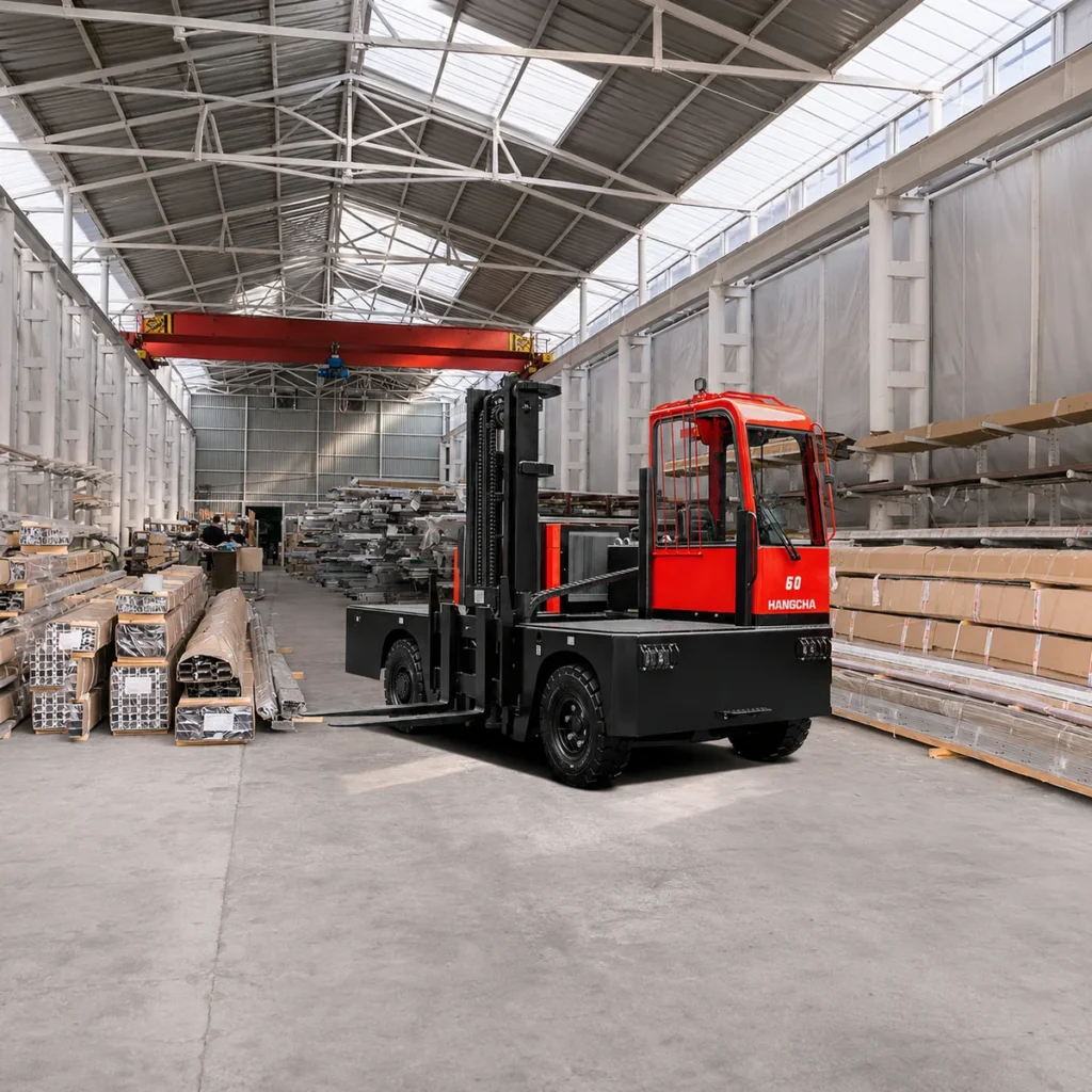 Hangcha IC side loader handling long stock in warehouse aisle under overhead crane