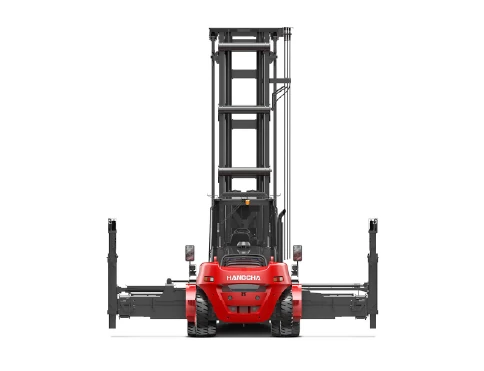 Hangcha X Series empty container handler for 3-4 layer stacking, front view with spreader