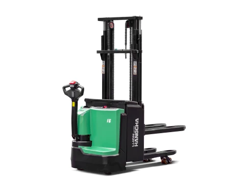 Hangcha X Series initial-lift pallet stacker with 1.2-1.6 t capacity, rear three-quarter view with tiller handle