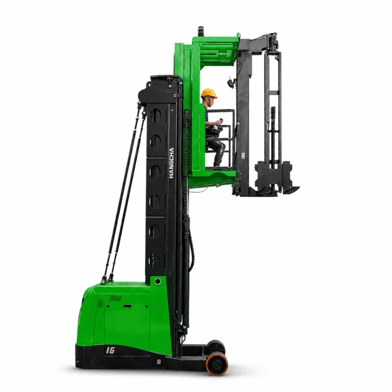 Hangcha X Series man-up tri-lateral stacker with elevating operator cabin, front three-quarter view