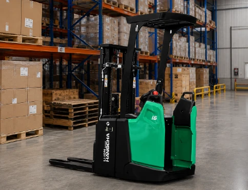Hangcha X Series rider pallet stacker with 1.4-1.6 t capacity, driving through a racking aisle