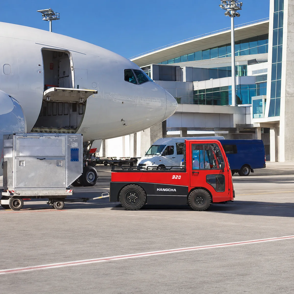 Hangcha X Series tow tractor hauling cargo container beside aircraft on airport apron