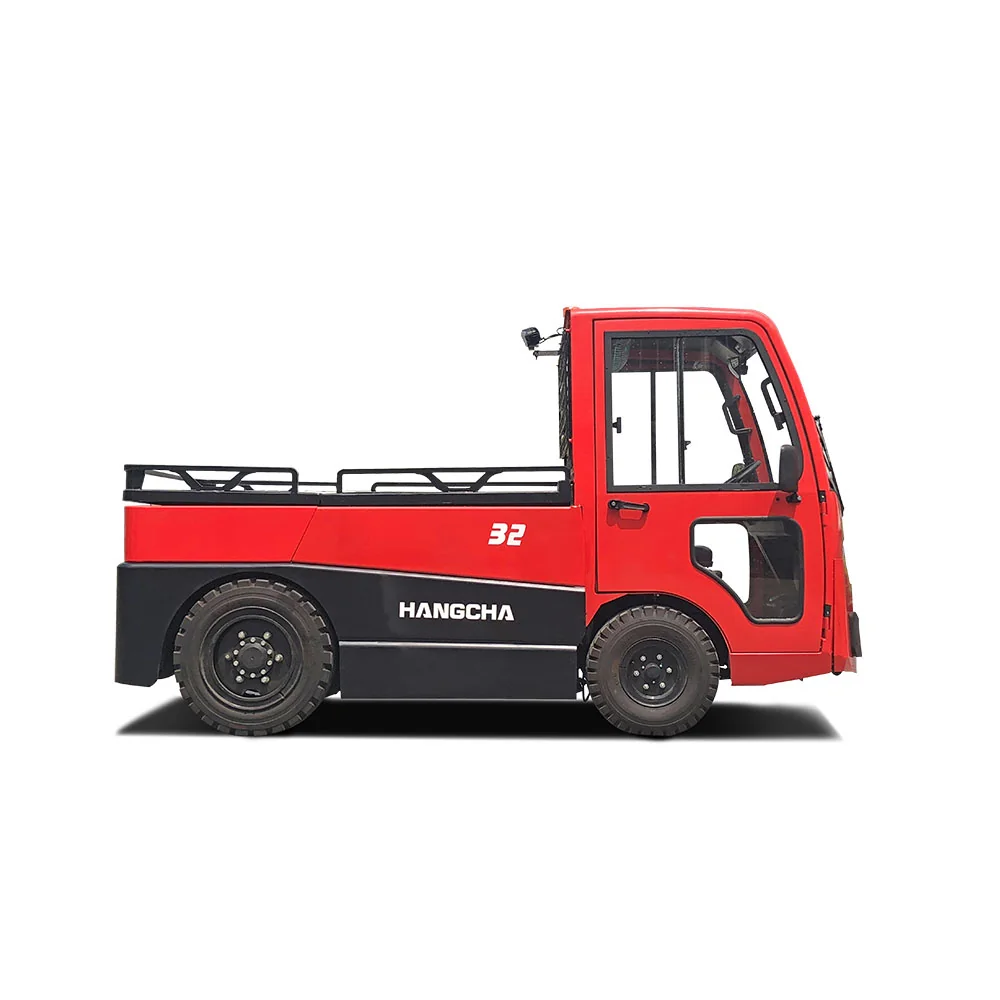 Side view of Hangcha X Series X32 tow tractor with enclosed cab and rear deck