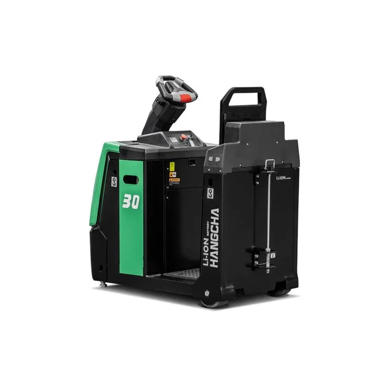 Hangcha X Series stand-on electric tow tractor with steering console, rear three-quarter view