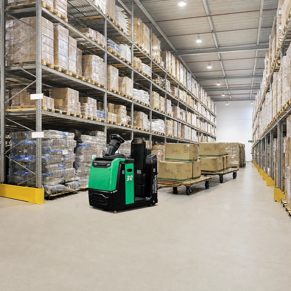 Hangcha X Series tow tractor pulling loaded trolleys along a warehouse aisle