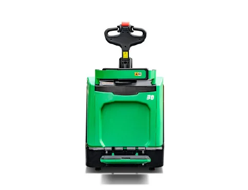 Hangcha XA Series pallet truck straight-on front view with green cover and tiller head
