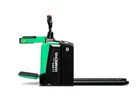 Hangcha XA Series pallet truck side view showing folding rider platform and lithium battery branding