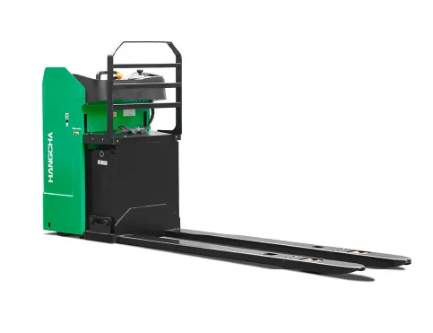Hangcha XA Series stand-on side-seated pallet truck 2t with long double forks facing forward