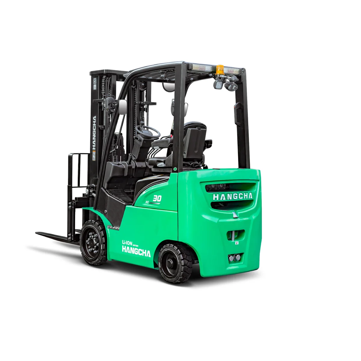 Rear three-quarter view of the Hangcha XC Series electric cushion tyre forklift