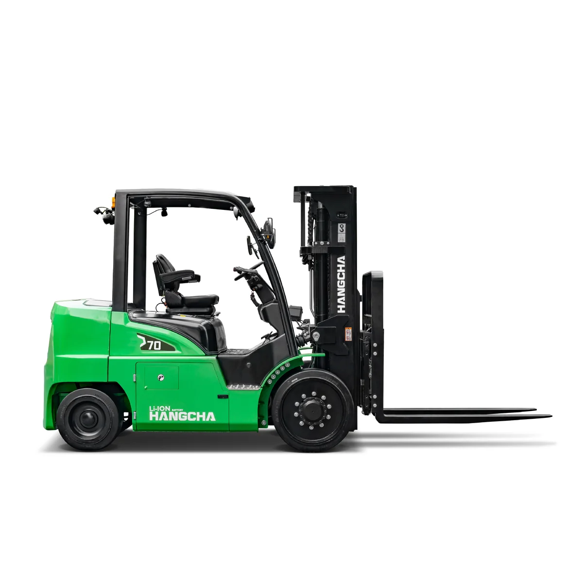 Side view of the Hangcha XC Series electric cushion tyre forklift with triplex mast