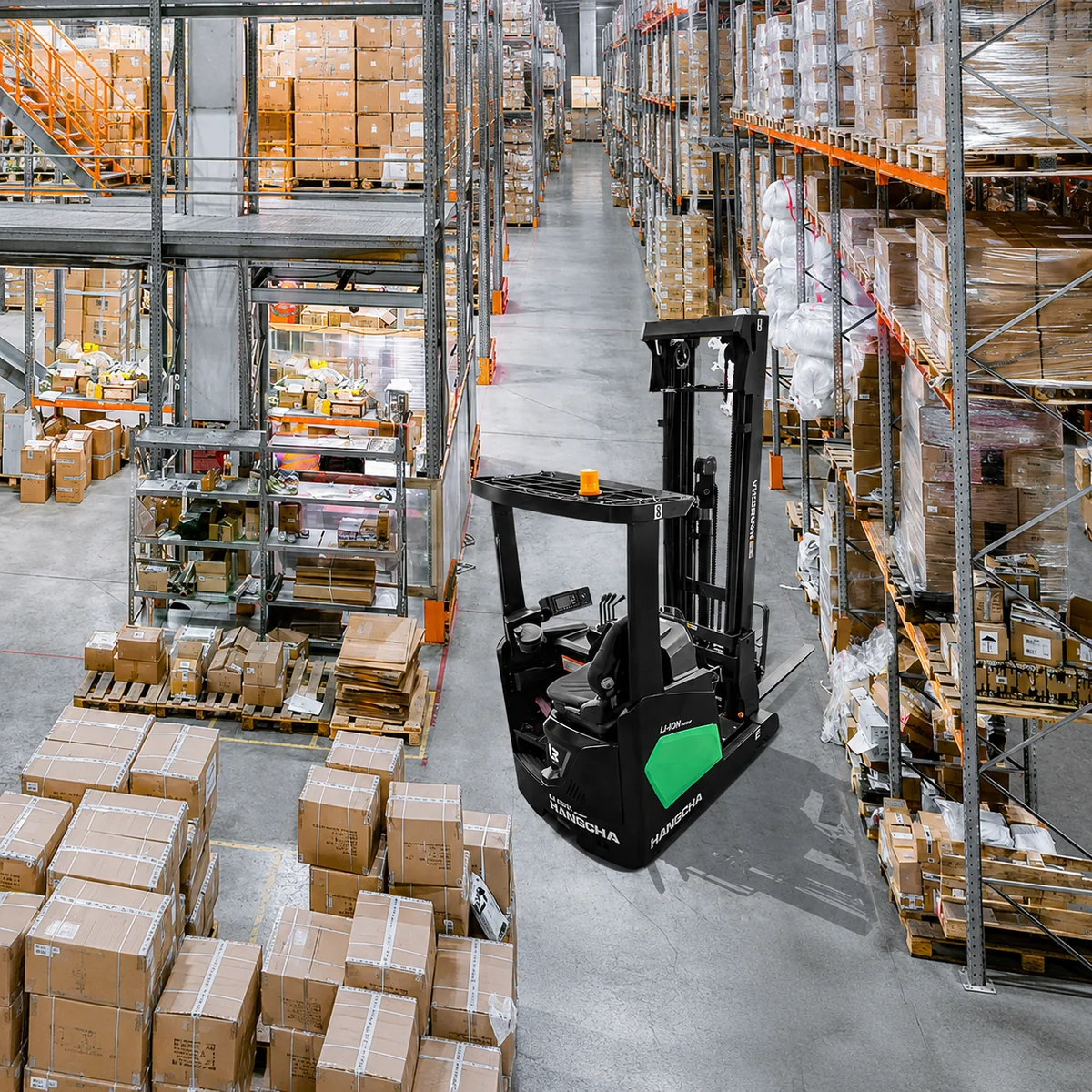 Hangcha XC Series reach truck operating between racking aisles in a busy warehouse