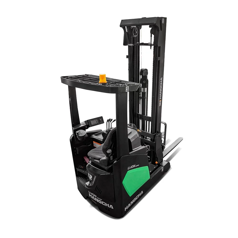 Hangcha XC Series reach truck viewed from the rear right showing overhead guard and seat
