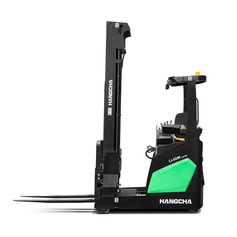 Side view of Hangcha XC Series lithium reach truck with mast and forks facing left