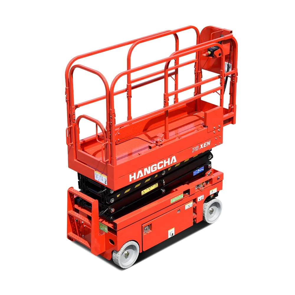 Hangcha XEN Series scissor lift with platform fully lowered, three-quarter view