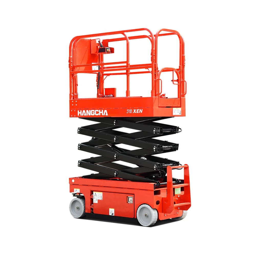 Hangcha XEN Series electric scissor lift with platform raised, front three-quarter view
