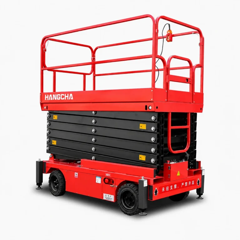 Hangcha XEQ Series push-around electric scissor lift, front three-quarter view with platform lowered