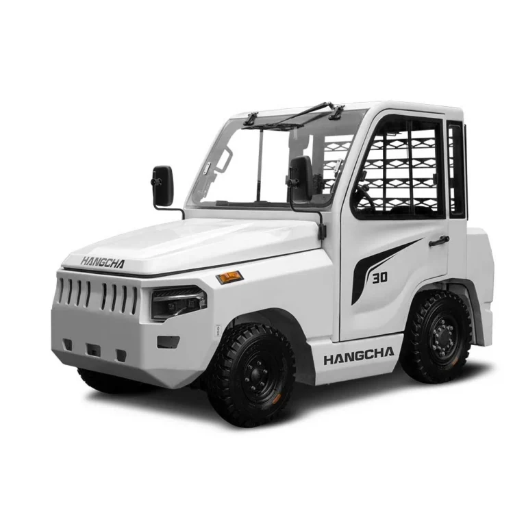 Hangcha X Series electric tow tractor with white enclosed cab, front three-quarter view