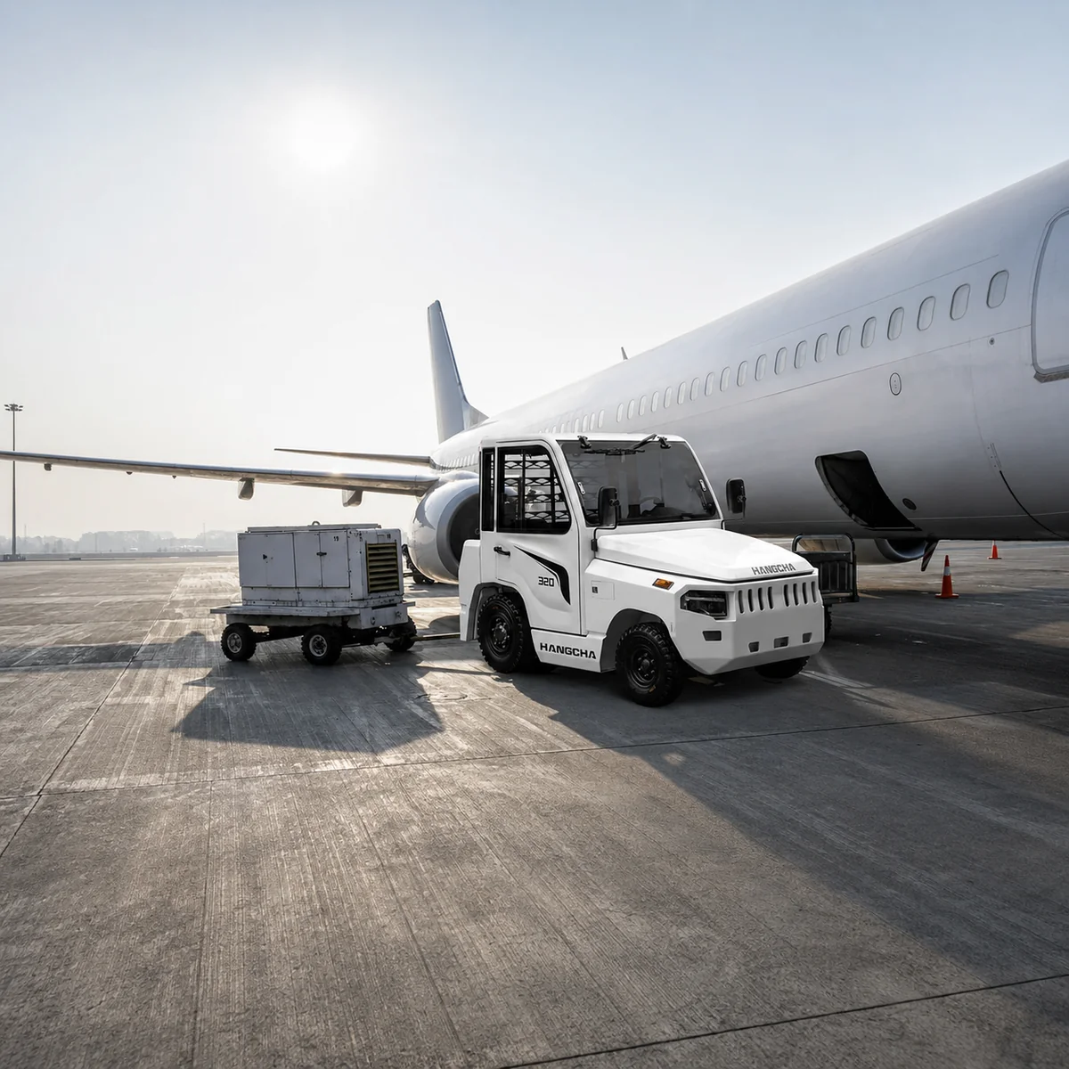 Hangcha X Series tow tractor towing a cargo cart beside an aircraft on the apron