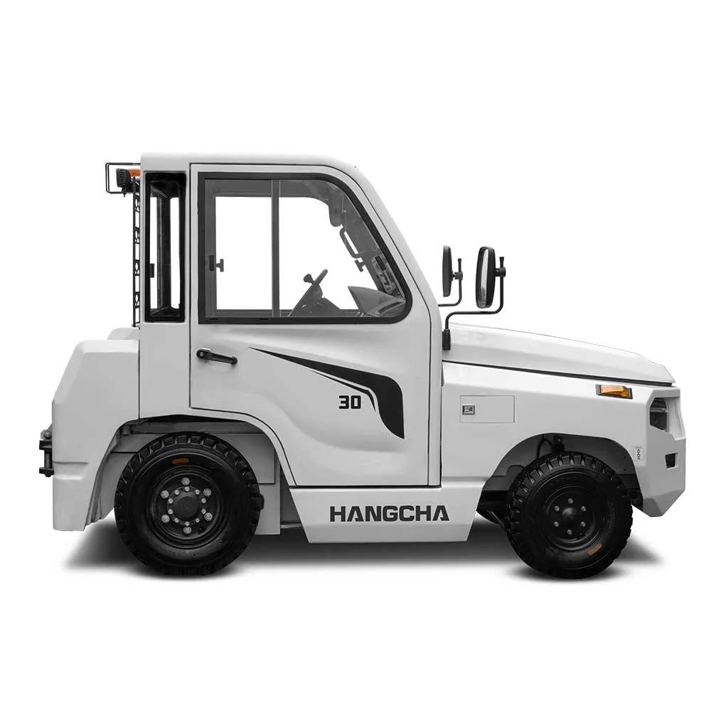 Side view of white Hangcha X Series heavy tow tractor with enclosed operator cab