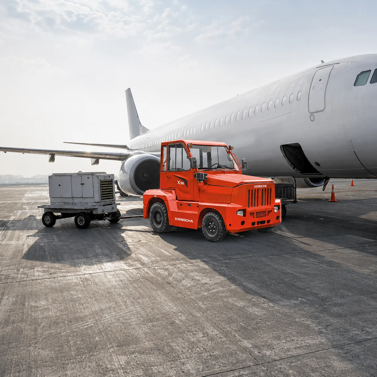 Hangcha tow tractor hauling a ground power unit beside an aircraft on the tarmac