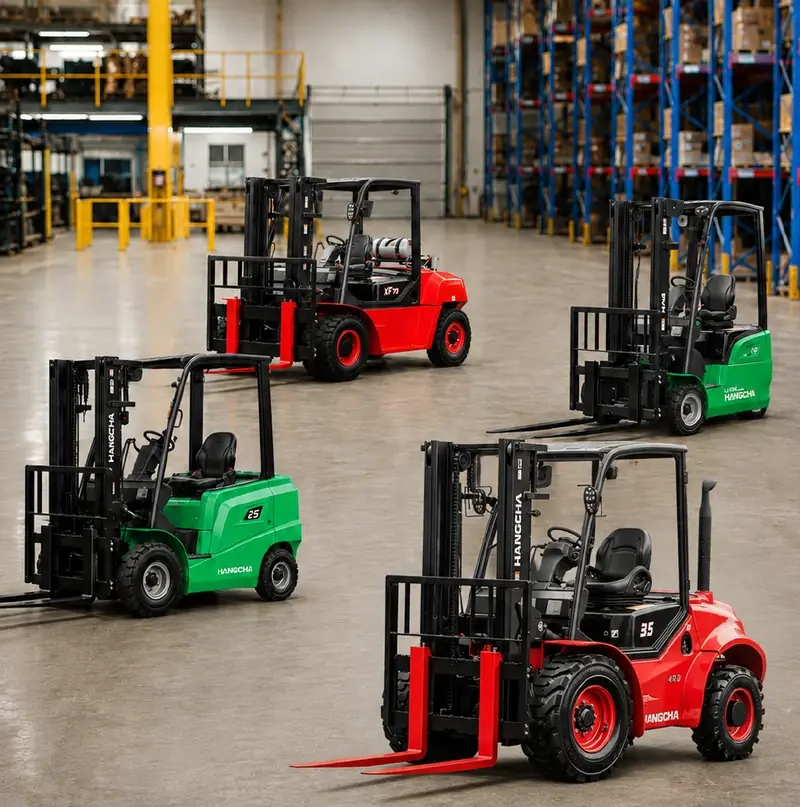 Hangcha forklifts staged in a DJJ Equipment warehouse