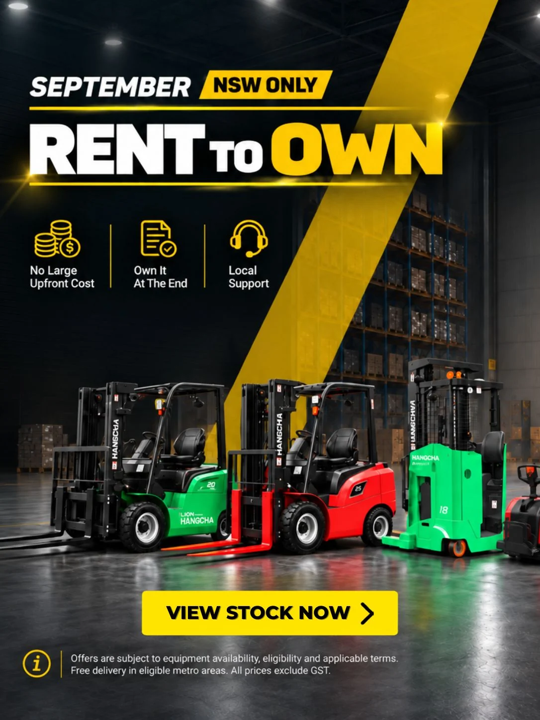 September rent to own forklift offer NSW, no large upfront cost