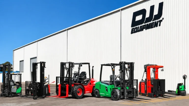 Hangcha electric forklifts, stackers and a pallet truck lined up outside a DJJ Equipment warehouse