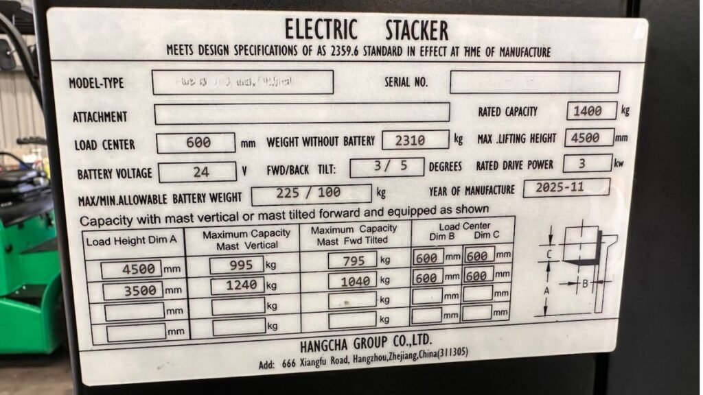 DJJ forklift data plate