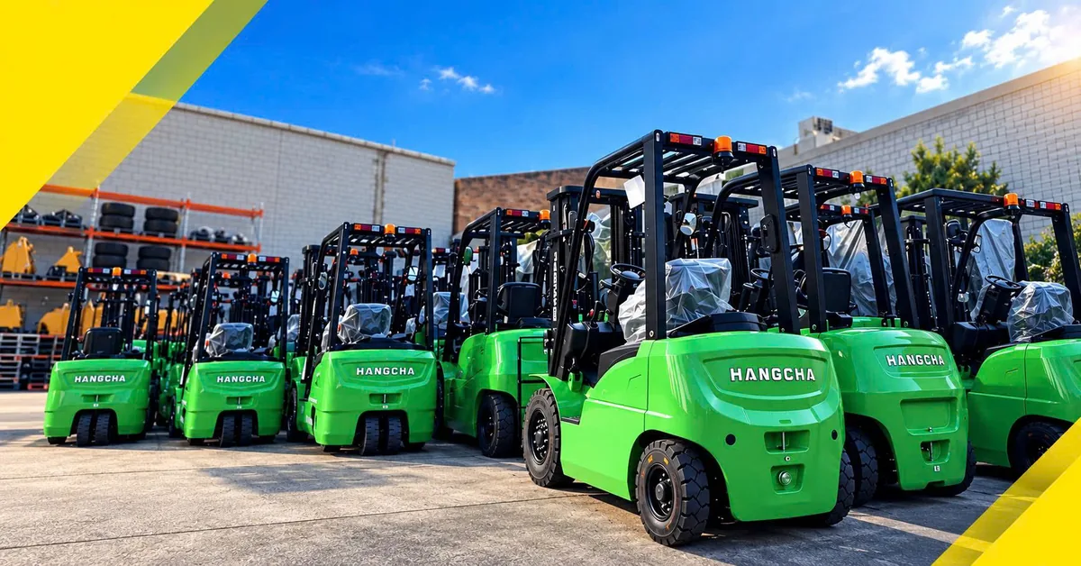 Row of new Hangcha lithium electric forklifts in stock