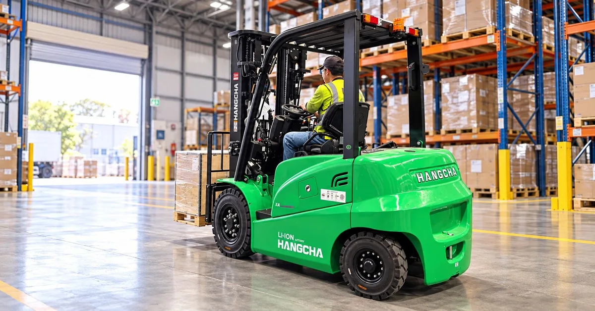 Operator driving a Hangcha lithium electric forklift in a warehouse