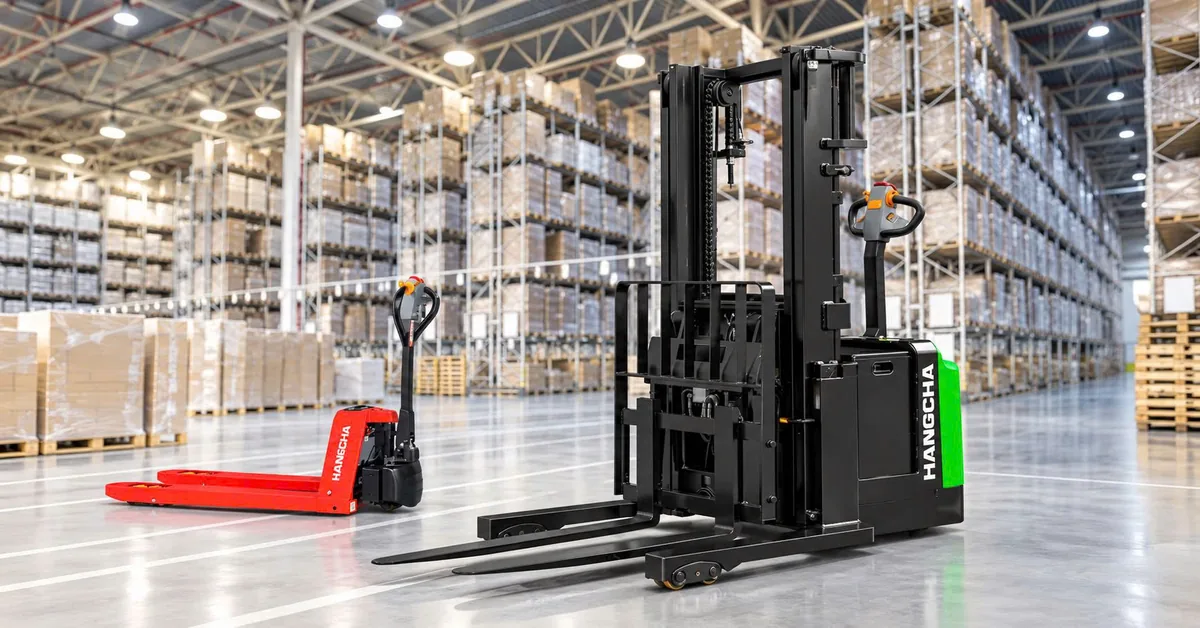 Hangcha walkie reach stacker with a free electric pallet truck in a warehouse