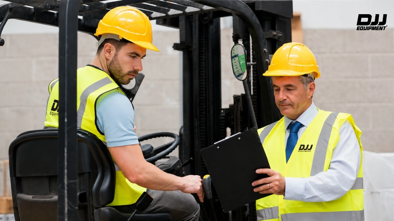 Forklift operator and supervisor in DJJ Equipment vests reviewing a checklist