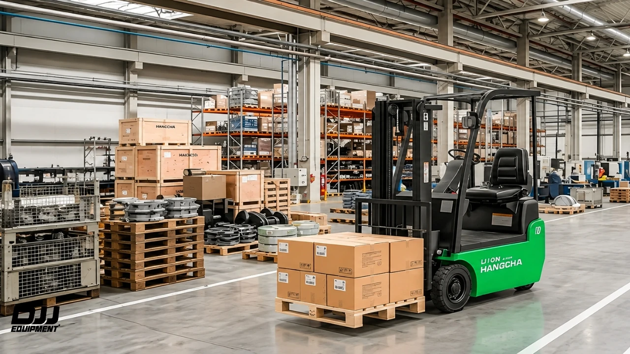 Hangcha 3-wheel lithium electric forklift carrying a pallet of boxes in a warehouse