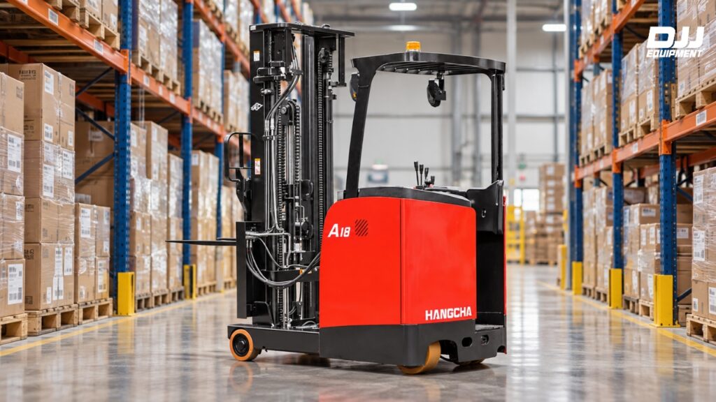 reach truck between the factory's aisles