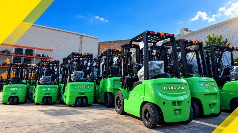 Row of new Hangcha lithium electric forklifts in stock